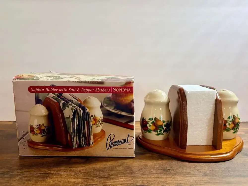 Sonoma Salt & Pepper Set on Wood Napkin Holder Tray by Sakura